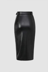 Belted Zip Through Faux Leather Midi Skirt